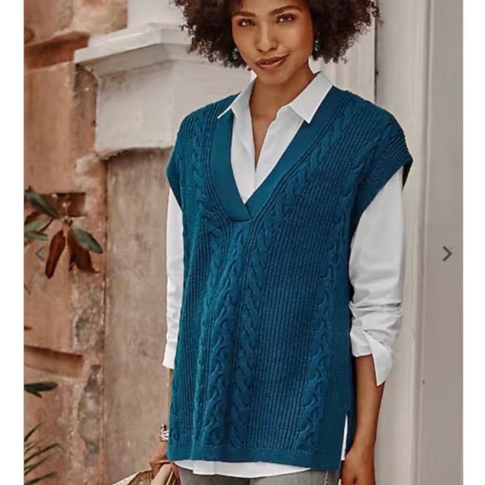 J.Jill Blue Cable Knit V-Neck Sweater Vest